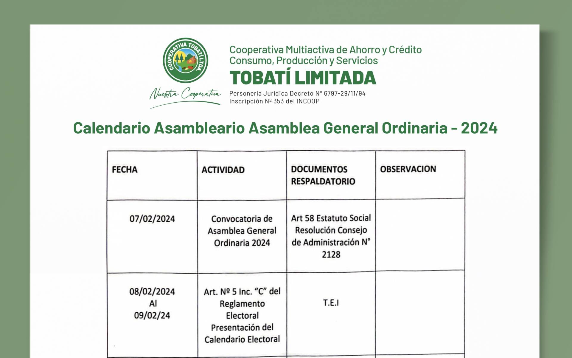 Calendario Asambleario 2024