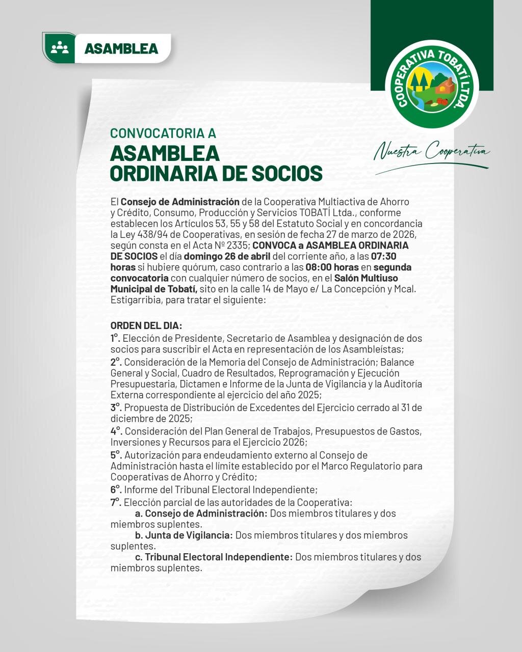 Convocatoria a Asamblea Ordinaria de Socios